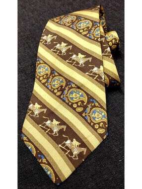 1970s LANVIN Silk WIde TIE Paisley Jockeys Horses MUSTARD BROWN PARIS COUTURE